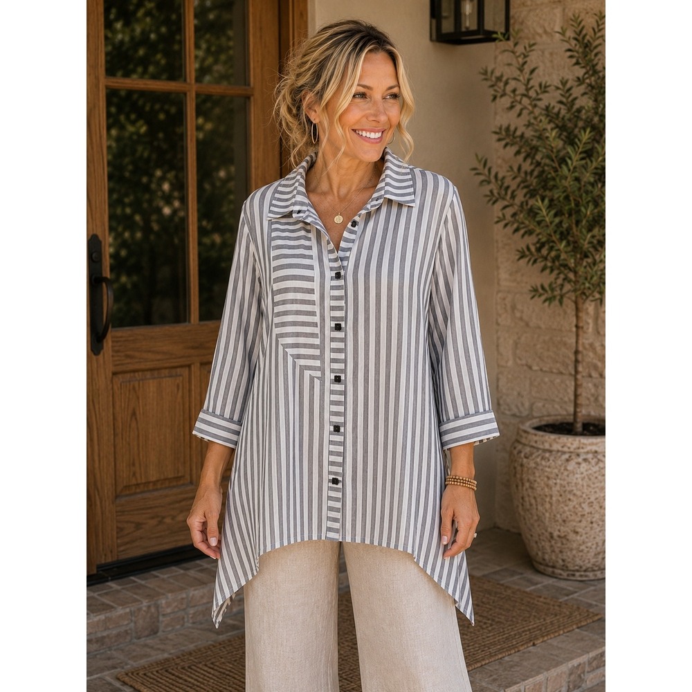 Soft Surroundings Button Down Tunic Women XL Gray Striped Asymmetrical Lagenlook